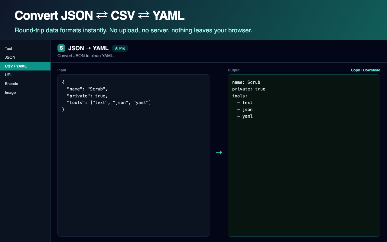 Convert JSON, CSV, and YAML